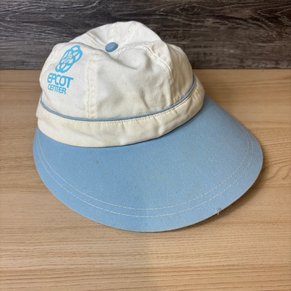 Vintage Epcot Hat Cap Strech Back Womens Blue White Large Brim Disney Parks